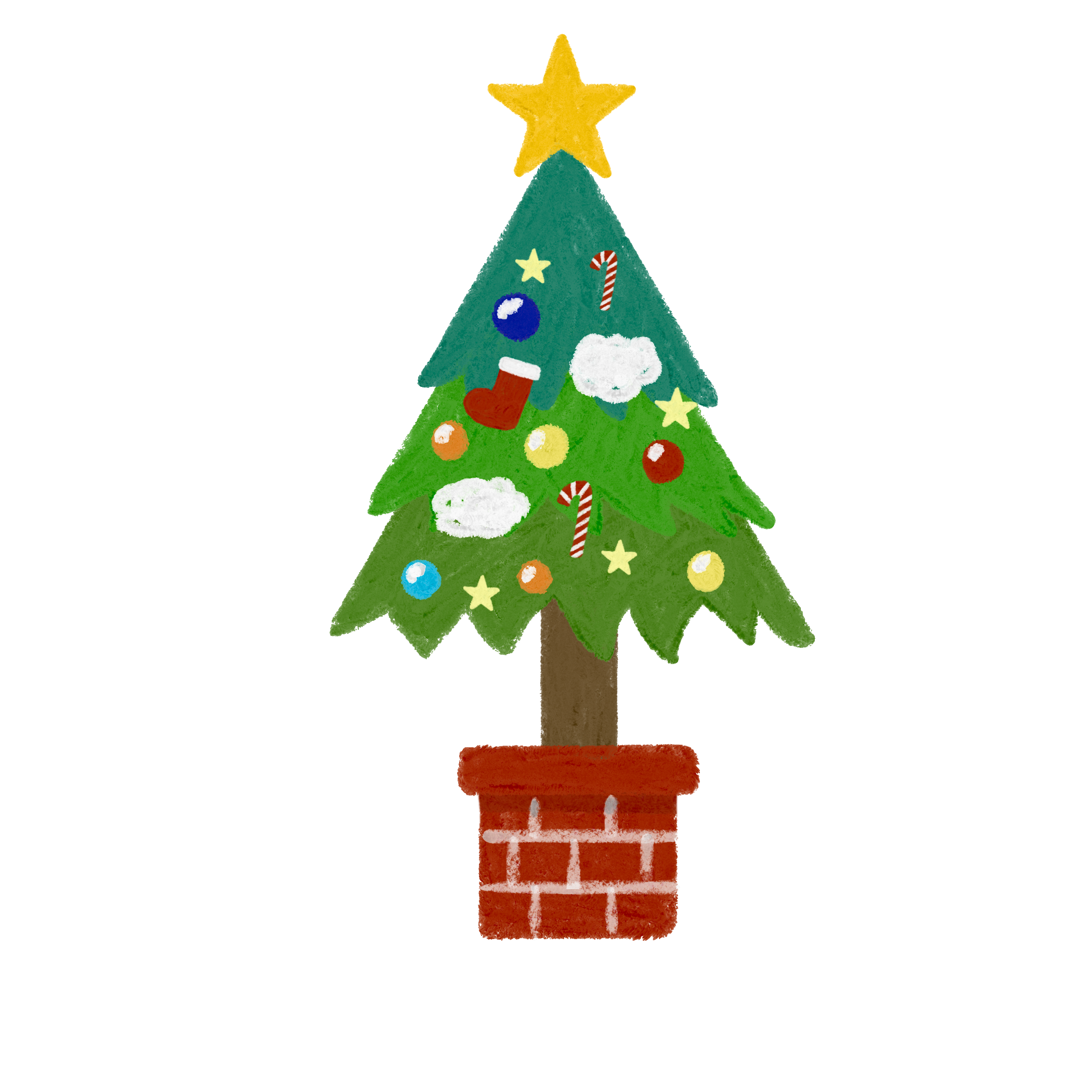 手書き風クレヨン風のクリスマスツリーのフリーイラスト 飾り付け前の何もついていないクリスマスツリーのイラスト