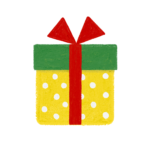 手書き風ドット柄緑黄色クリスマスプレゼントボックスのイラスト