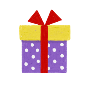 手書き風ドット柄黄色紫クリスマスプレゼントボックスのイラスト