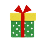 手書き風ドット柄黄色緑クリスマスプレゼントボックスのイラスト