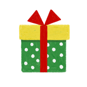 手書き風ドット柄黄色緑クリスマスプレゼントボックスのイラスト