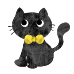 ハロウィン 黒猫のイラスト黄色いリボン 絵本風 ⒸAtelier Funipo