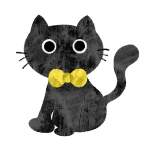 ハロウィン 黒猫のイラスト黄色いリボン② 絵本風 ⒸAtelier Funipo